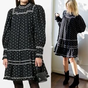 Ulla Johnson Blanche Dress Eclipse Dot Black Mini Puff Sleeve 100% Cotton Size 8